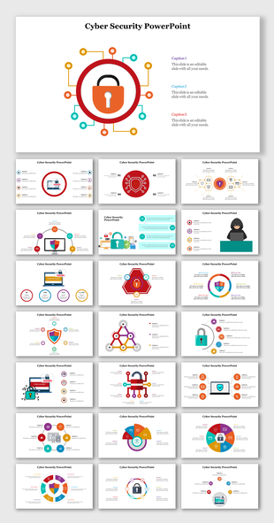 A collection of slides from a Cyber Security PPT featuring lock icons, charts, and diagrams related to security measures.