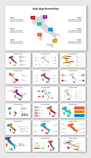 Italy maps PowerPoint slides with various color coded regions, each marked with numbered labels on a white backdrop.