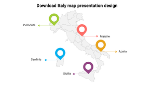 Geographic slide showing the country of Italy with labeled pin identifying five regions, each with a circular icon and label.