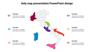 Italy map slide featuring colorful regions with text areas for details.