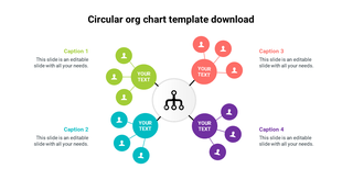 Circular org chart template with four color coded branches, each displaying roles and text sections.
