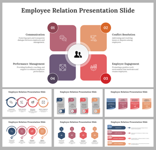 Slide deck with colored squares, circles, and icons in blue, pink, red, and orange, arranged in varied geometric layouts.