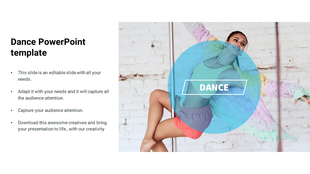 Split layout featuring a dancer within a blue circular overlay, on a white brick background, with text on the left.
