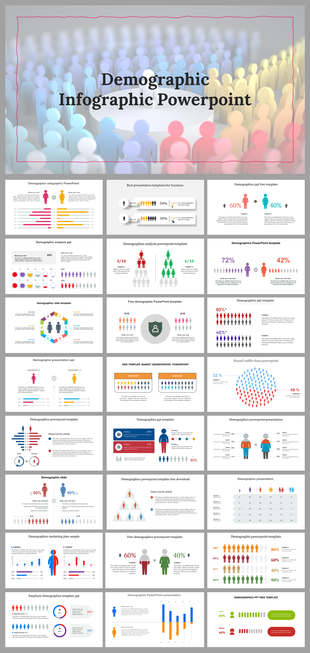 Slide set with diverse infographic layouts such as bar graphs and pyramid diagrams for presenting demographic insights.