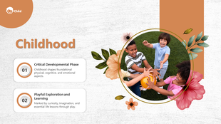 Colorful PowerPoint template with child illustrations with flower border design with two text sections in boxes.