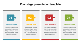 Horizontal layout with four stages, each with a number, colored icon, and placeholder text areas.