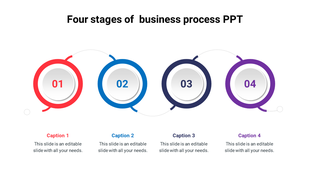 PowerPoint slide showing four stages in a business process with colorful circular icons numbered 01 through 04 with captions.
