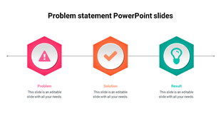 PowerPoint template for problem statement with a pink problem icon, orange solution icon, and green result icon in hexagons.