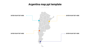 Gray map of Argentina with four colorful markers linked to text boxes adding information.