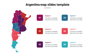 A map of Argentina PPT slide with colorful regions, each marked with numbers and captions on a white backdrop.