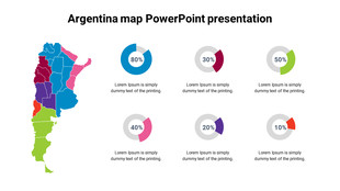 Argentina map slide with regions highlighted in different colors and six pie charts showing varying data percentages.