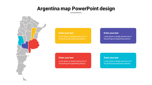 Argentina map with five provinces highlighted in red, yellow, blue, purple, and teal, each linked to text boxes.