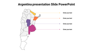 Argentina map with highlighted regions in yellow, orange, purple, and magenta, each labeled with caption areas.