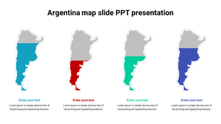 Infographic slide with southern Argentina highlighted in colors across four maps, each labeled with placeholder text.
