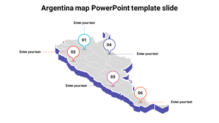 Argentina map with numbered markers 01 to 06 in various colors, each linked to text placeholders with lines.