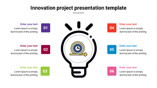 Central lightbulb graphic with six numbered colorful segments, featuring icons and text around it.