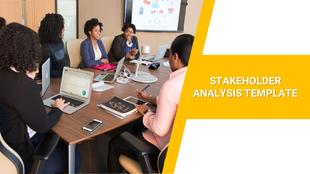 Stakeholder analysis slide showing a group of professionals discussing laptops in a meeting room.