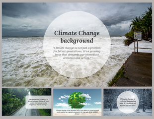 Climate change slide pack with central white circle with text and images of stormy skies, sea levels, snow, and foliage.