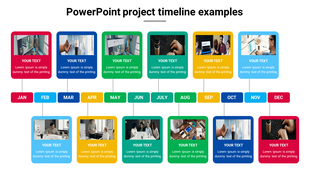Project timeline with twelve months labeled from January to December, each connected to text boxes arranged in two rows.