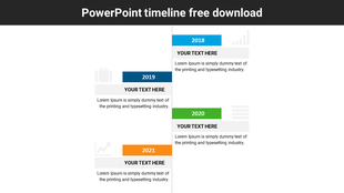 Colorful timeline PPT template with years 2018 to 2021 and text placeholders on a white backdrop.