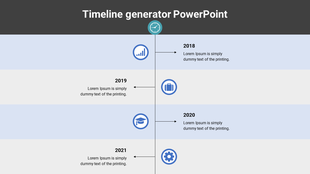 PowerPoint timeline generator with years 2018 to 2021 and corresponding blue icons for each year with placeholder text.