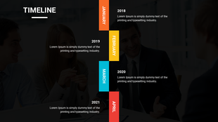 Timeline with stacked months in bold colors and alternating text boxes for years 2018 to 2021, arranged on a dark background.