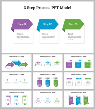 Slide deck with three steps featuring purple, blue, and green shapes outlining business process, target, and goals.