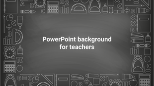 Chalkboard-themed background with education icons like calculators, rulers, and books, ideal for teacher presentations.