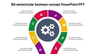 Semicircular infographic with a central gear icon and multicolored sections, each containing a different business icon.