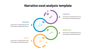  Slide with colorful circular icons in blue, purple, green, and orange, each denoting SWOT aspects.