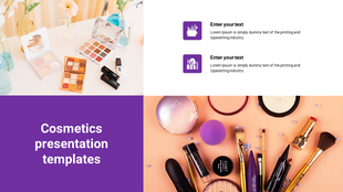 Colorful cosmetics layout with product photos, purple-themed icons, and  caption content sections for a beauty presentation.