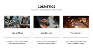 Three rectangular panels with images of cosmetics, including lipsticks, palettes, and brushes, with text below.