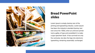 Toasted bread and sandwiches presented in woven baskets, next to a placeholder text about bread themed slides.