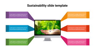 Sustainability slide with a computer screen displaying a green lightbulb surrounded by six colorful sections.