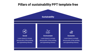 Pillars of sustainability diagram with three sections under the roof highlighting three icons on a blue theme.