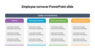 Four columns in purple, blue, green, and orange representing work dimensions, each with text, under a gray title bar.