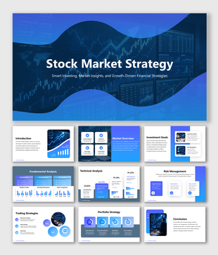 Stock market strategy presentation slides with investment goals, risk management, trading analysis, and portfolio plans.