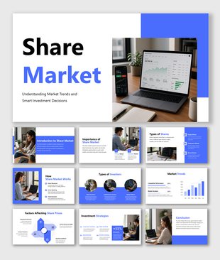 Share market presentation template with trends, investors, strategies, pricing factors, and clean modern slides designUI.