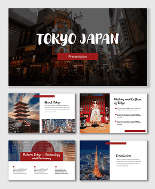 Tokyo Japan slides with temples, geisha, Tokyo Tower, city lights, red-white theme, text holders.