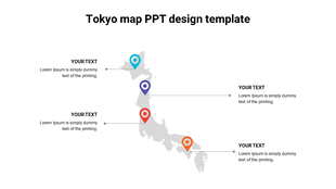 Tokyo map design template featuring a grayscale map of Japan with four colorful location markers connected to caption areas.