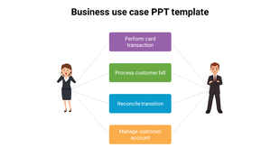 Business use case slide with two cartoon characters connected to four boxes labeled with tasks like transaction and billing.