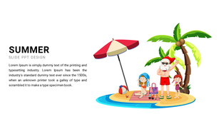 Cartoon summer beach scene with Santa in sunglasses, two kids, palm trees, beach umbrella, and towel setup.