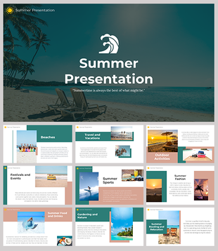 Slide deck showcasing summer topics, including beaches, vacations, sports, fashion, and nature, with vibrant images.