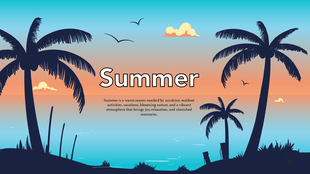Summer PPT slide with palm trees, sunset, ocean view, and text about warmth, outdoor fun, relaxation, and seasonal vibes.