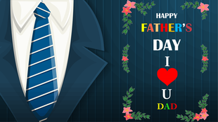 Father's day design with a suit and tie illustration, and colorful flowers frame a bold message, on a blue backdrop.