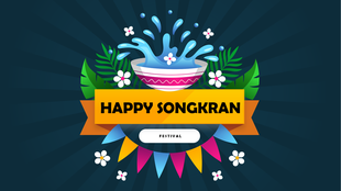 Happy Songkran graphic with water splashes, flowers, and tropical-themed elements on a dark background.