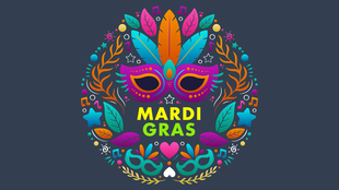 Mardi Gras themed slide featuring a decorative mask and festive elements like music notes and stars.