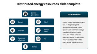 A Distributed Energy Resources slide featuring blue icons and labels for various energy sources with placeholder text.