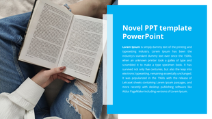 PowerPoint slide featuring a novel template with a photo of a person reading a book and space for text content.