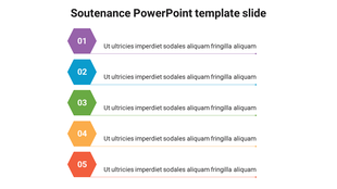 Soutenance slide featuring five colorful steps, each with a number and description space.
